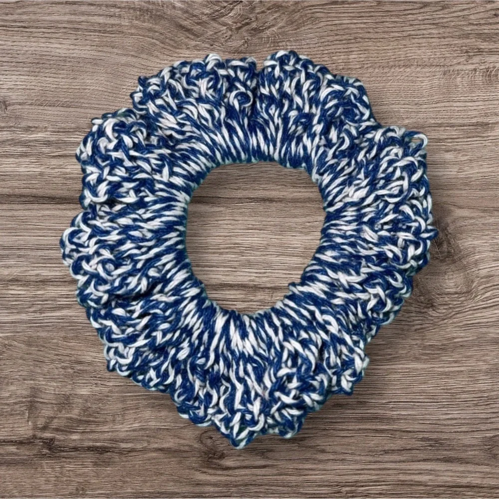 Elegant Blue and White Crochet Hair Scrunchie
